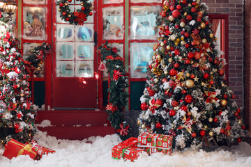 Christmas, New Year interior with red showcase, porch, fur-tree, gifts and snow