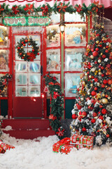 Christmas, New Year interior with red showcase, porch, fur-tree, gifts and snow