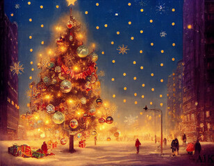 Fototapeta na wymiar Snowy city christmas background and trees