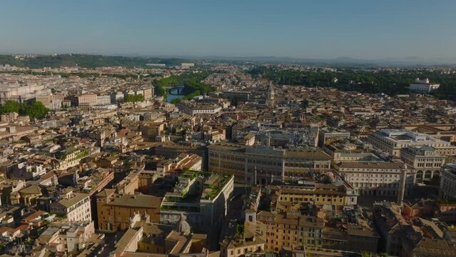 Aerial view of buildings in historic city centre. Palazzo Montecitorio seat of lower house of the Italian Parliament. Rome, Italy