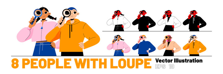 Set of people with loupe, male and female characters look through magnifying glass. Concept of information research, SEO, FAQ, query, investigation and studying, Line art flat vector illustration