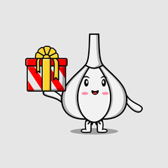 Cute cartoon Garlic character coming out from big gift box look so happy flat cartoon style