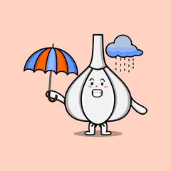 Cute cartoon Garlic character in the rain and using an umbrella in flat modern style design