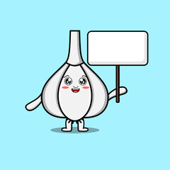 Cute cartoon Garlic character holding blank board in vector concept flat cartoon style illustration