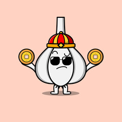 Cute cartoon Garlic chinese character holding coin in vector icon illustration