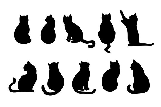 Black cats are isolated on a white background. Vector collection with domestic cats. 