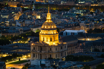 Aerial view of illuminated dome of Les Invalides Cathedral in Paris. France