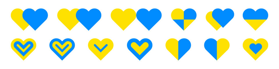 Ukrainian hearts icon set. Yellow blue hearts icons isolated on white background. Vector EPS 10.