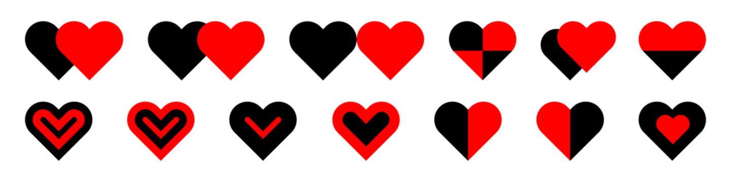 Ukrainian hearts icon set. Black red hearts icons isolated on white background. Vector EPS 10.