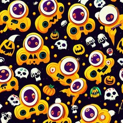 Fototapeta premium Halloween cute festive seamless pattern. Seamless background with pumpkins, skulls, bats, spiders, ghosts, bones, candies, spider web and. Great for wrapping paper or to incorporate in your design.