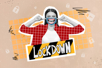 Creative drawing collage picture of young woman covering ears closed eyes wear mask yelling ignore deny lockdown text coronavirus