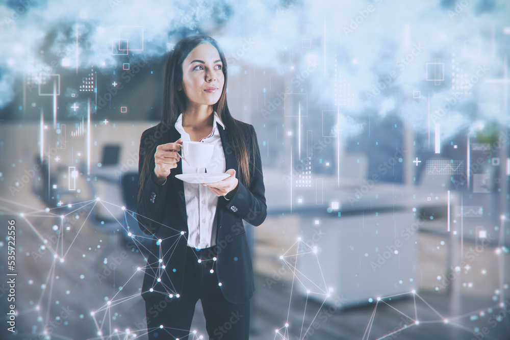 Poster young european businesswoman with coffee cup and creative image of cloud data icons on blurry backgr