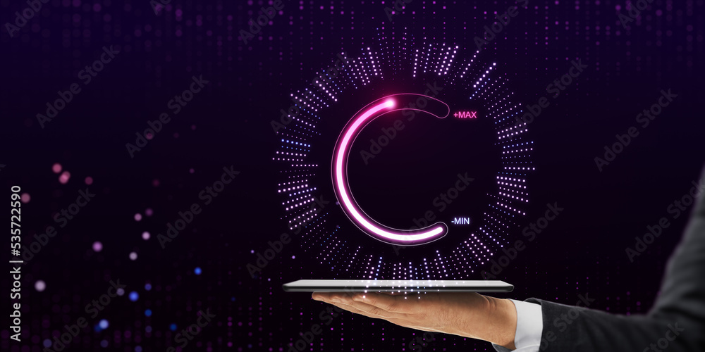 Poster Close up of businessman hand holding tablet or smartphone with abstract glowing max and min scale hologram on dark background. Volume control and future concept.