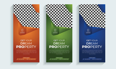 Real Estate roll up banner or cover design template,
Vertical, Horizontal and luxury background with standard size,
Modern & luxury property, home or house sale advertising post.