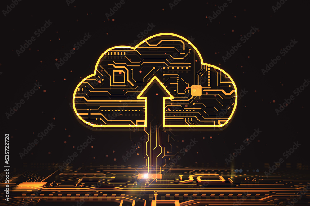 Leinwandbilder Cloud technologies and data storage concept with digital cloud sign with arrow up and circuit inside connected to motherboard on dark background. 3D rendering