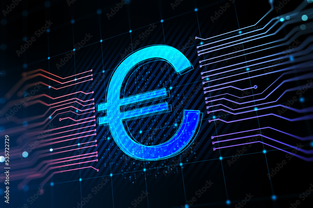 Poster money and currency concept with blue digital graphic euro sign between microcircuit lines on abstrac