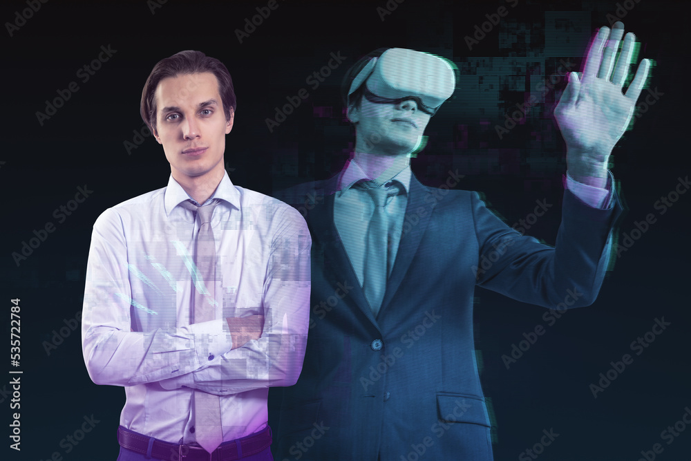 Poster abstract dual image of attractive man with vr glasses silhouette on dark background. augmented reali