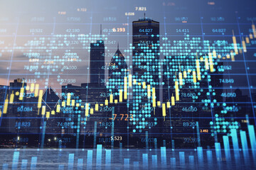 Abstract forex chart with candlestick graph, index and tech hologram on blurry bright city background. Trade, stock, and finance concept. Double exposure.