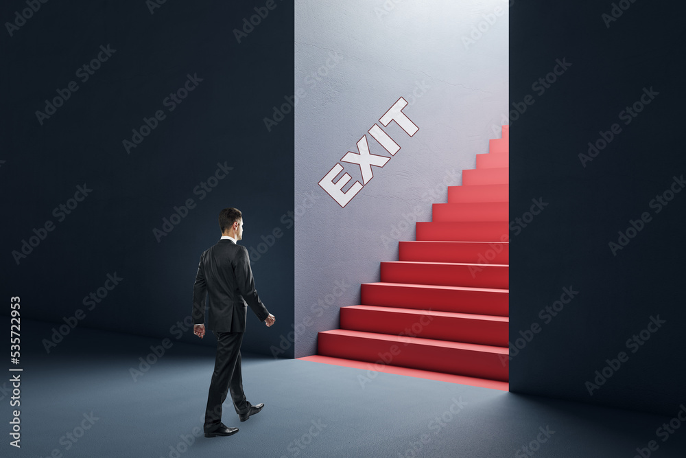 Aufkleber Business decision and career development concept with walking man side view to red stairway with exit sign above it