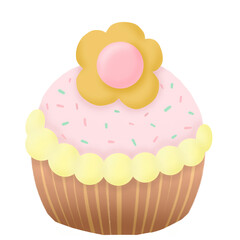 Cupcake with flower cookie cartoon illustration 