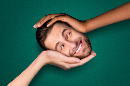 Creative collage poster of bizarre guy having no body skincare therapy concept isolated on green color background