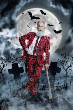 Composite collage picture image of handsome old man plaid costume lean axe butcher gravedigger dramatic cemetery atmosphere moonlight