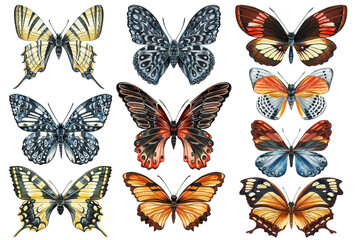 Fototapeta na wymiar Set of butterflies isolated on a white background. Watercolor Illustration, vintage style. Template for your design.