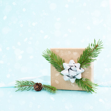 Christmas holiday greeting card with little gift box, pine cones and fir branches, blue background with snow