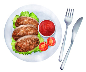 Fried cutlets with sauce and vegetables watercolor