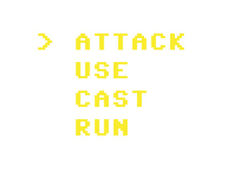 Isolated funny list of choices from a fake retro 8-bit video game: attack (marked with an arrow), use, cast, run. Yellow text.
