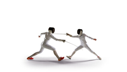 Two female fencing athletes fight isolated on white