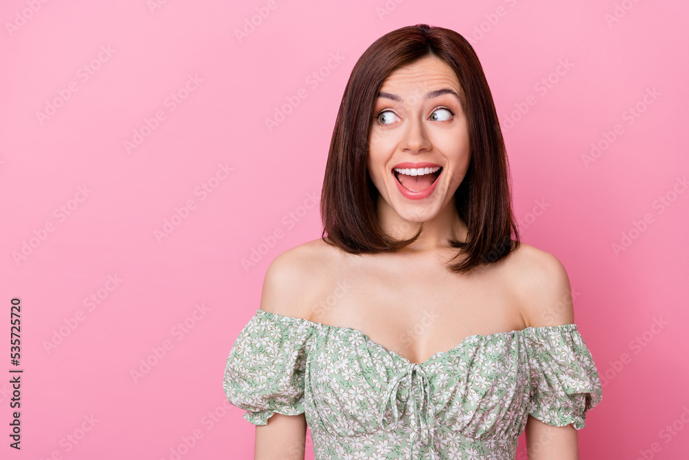 Sticker close up photo of astonished gorgeous adorable cheerful lady look empty space shopping isolated on p