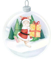 Christmas ball with funny rabbit inside - bright winter illustration. Background - winter landscape.
