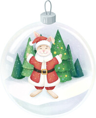 Christmas ball with funny rabbit inside - bright winter illustration. Background - winter landscape.