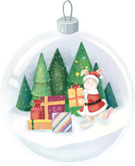 Christmas ball with funny rabbit inside - bright winter illustration. Background - winter landscape.