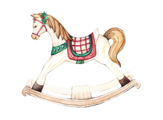Watercolor horse toy. Hand painted gift winter Merry Christmas and Happy New Year, Birthday isolated illustration, in red, green © Yana
