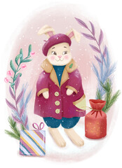 Funny and bright winter illustration - rabbit in a jacket and a hat. 
