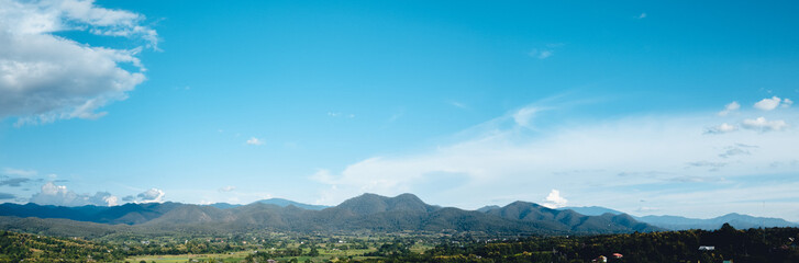 blue sky with clouds green forest in the morning