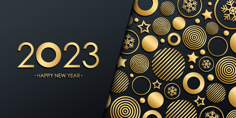 2023 New Year luxury holiday banner with golden christmas balls, stars and snowflakes. Black and gold color. Vector illustration.