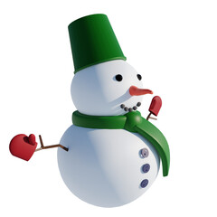 Smiley snowman with green hat and scarf and red gloves on a transparent background (3D Rendering)