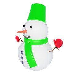Smiley snowman with green hat and scarf and red gloves on a transparent background (3D Rendering)