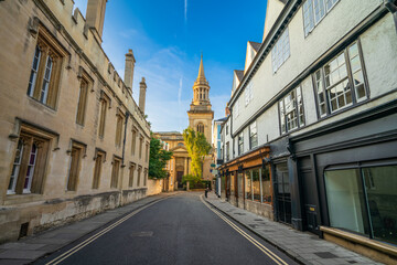 Fototapeta na wymiar Turl street overlooking All Saints Church tower in Oxford. England