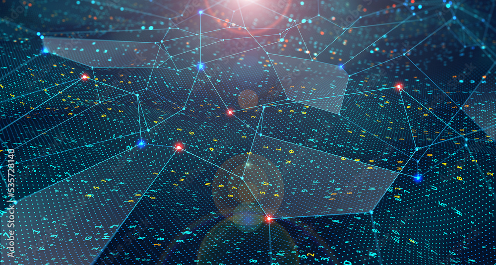 Poster Abstract information stream, flow in big data code field. 3D illustration of a cyber network of neural impulses