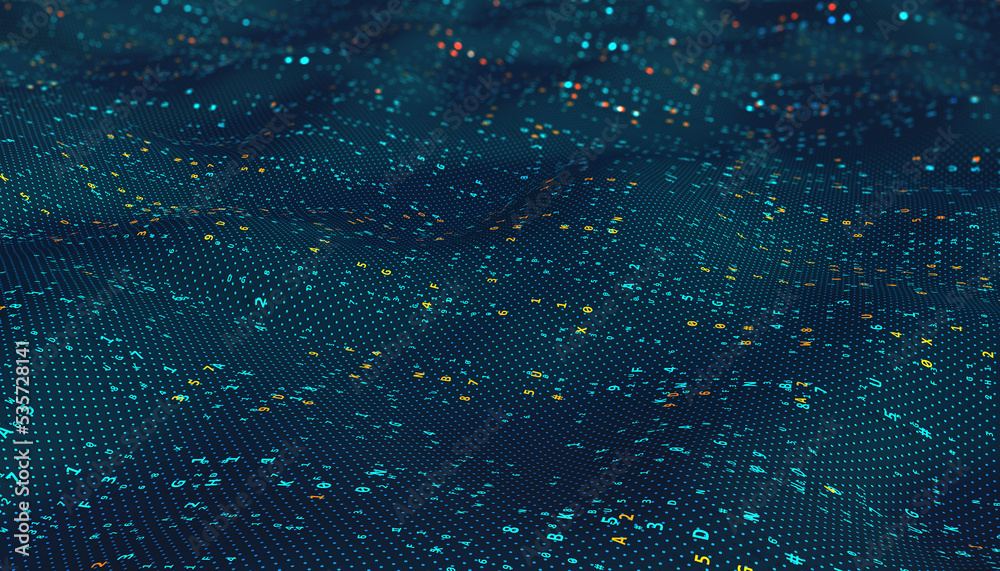 Poster Abstract information stream, flow in big data code field. 3D illustration of a cyber network of neural impulses