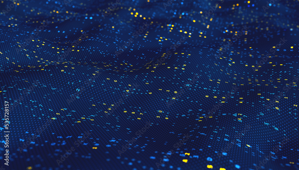 Poster Big data cyber stream. Neural network and strings of code. 3D illustration hi-tech business ideas