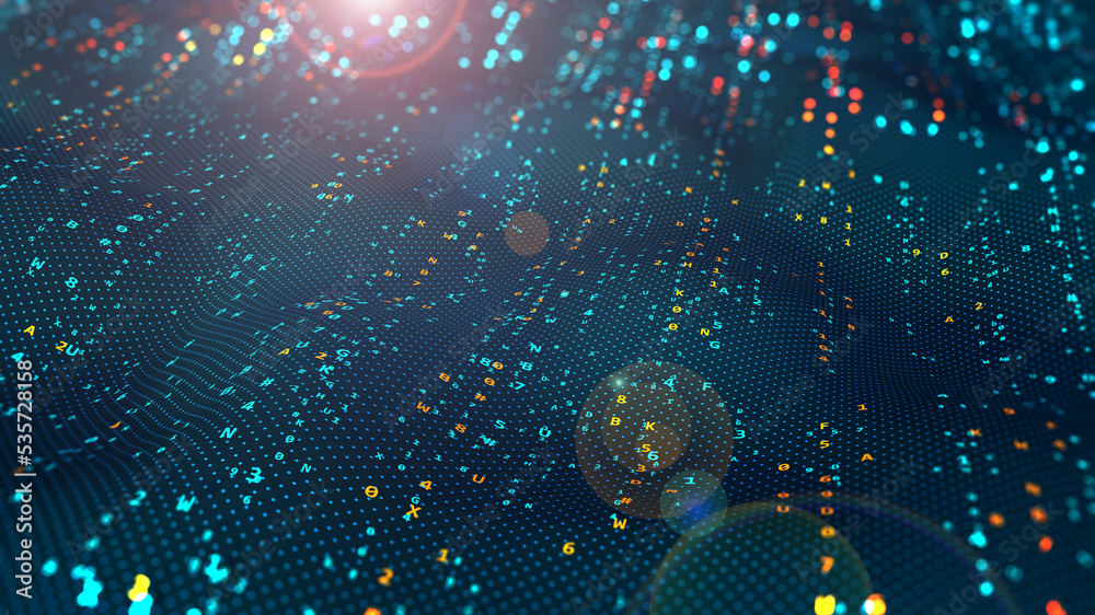 Aufkleber Big data cyber stream. Neural network and strings of code. 3D illustration hi-tech business ideas