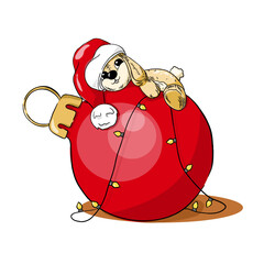 A rabbit in a Santa hat is lying on a Christmas ball. Print for postcards, posters, invitations.
