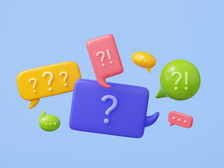 Speech bubbles with question marks. Chat messages icons, signs of faq, dialog with support. Talk boxes different shapes for dialog, conversation, comments, 3d render illustration