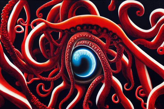 Abstract art, tentacles, eyes and suckers, colossal squid octopus hybrids rendered in bold acrylic colours of red, black, blue and white.