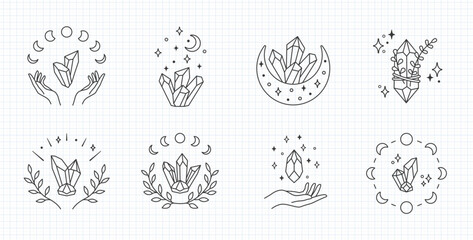 Mystical moon crystal, line art vector logo. Boho crystal clipart, editable stroke